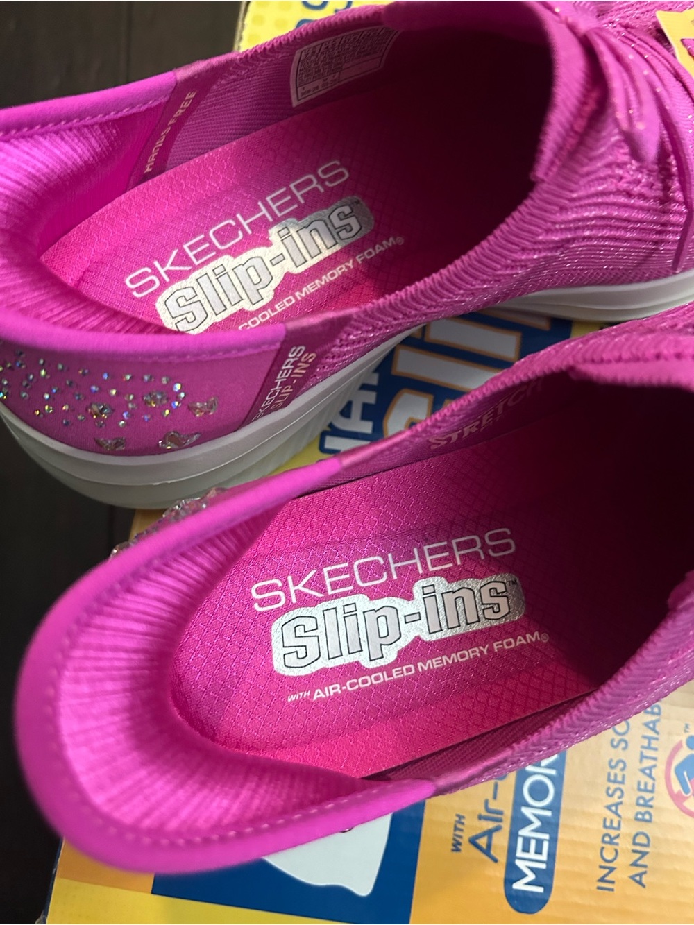 Skechers Women’s Hot Pink Stretch Knit Slip-On Sneakers with Rhinestone Heel - Picture 7 of 10